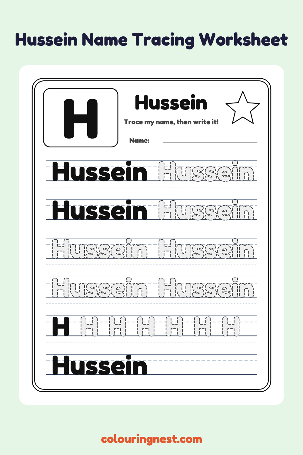 Hussein Name Tracing Worksheet: free printable black-and-white line art