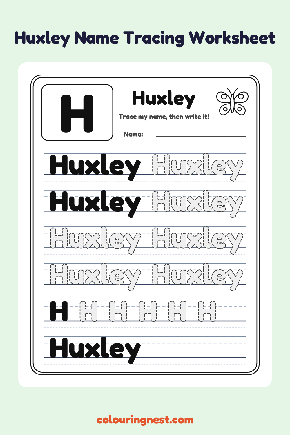 Huxley Name Tracing Worksheet: free printable black-and-white line art