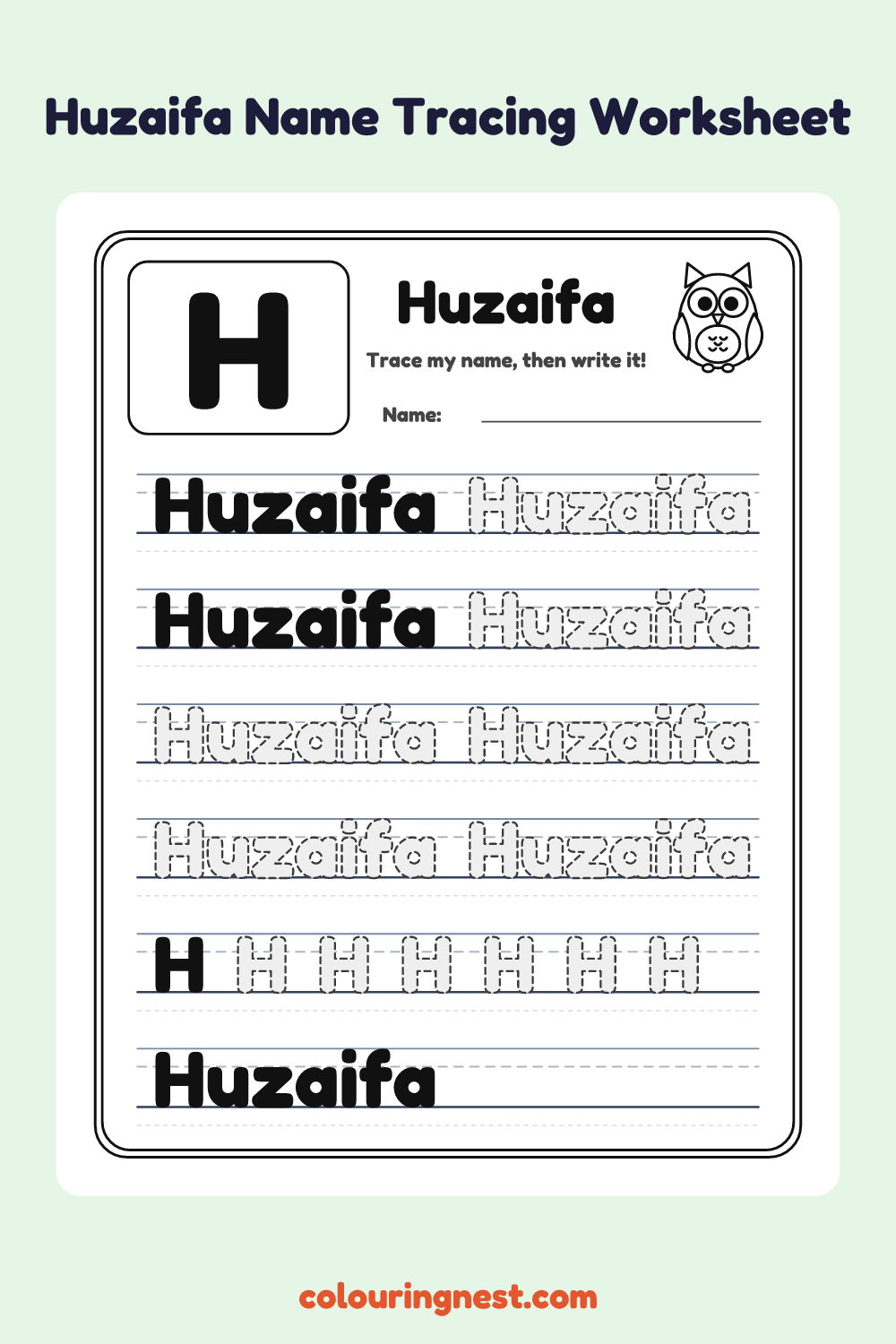 Huzaifa Name Tracing Worksheet: free printable black-and-white line art