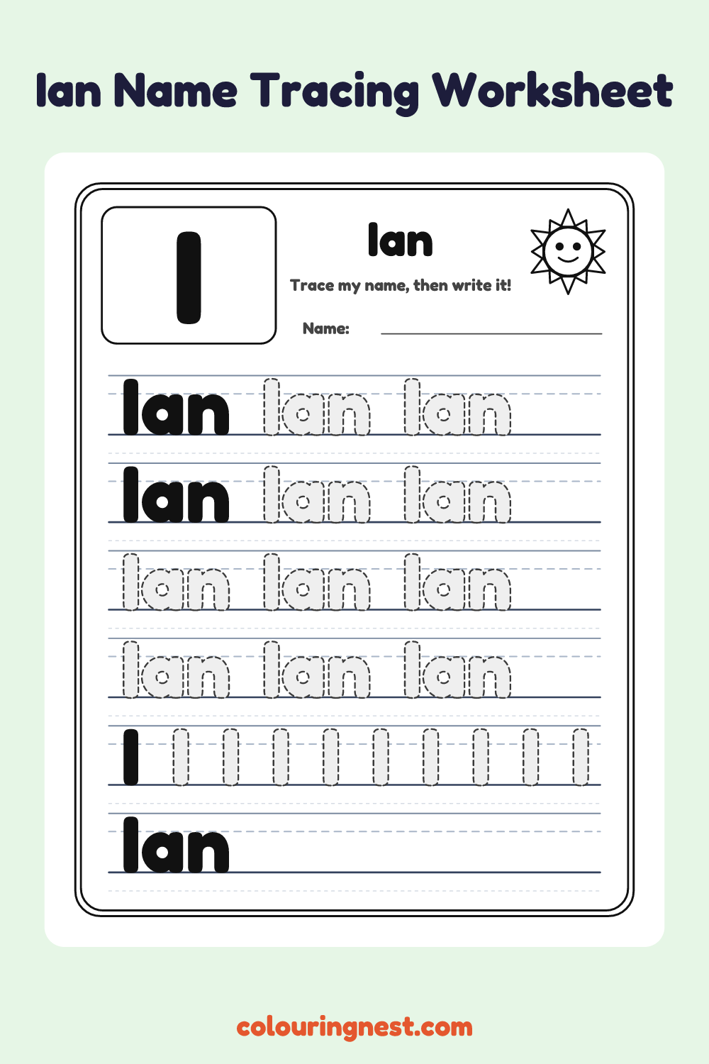 Ian Name Tracing Worksheet: free printable black-and-white line art