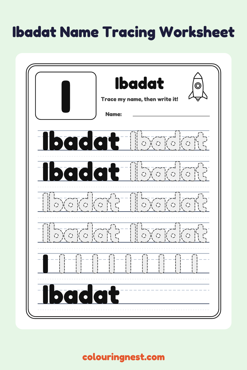Ibadat Name Tracing Worksheet: free printable black-and-white line art