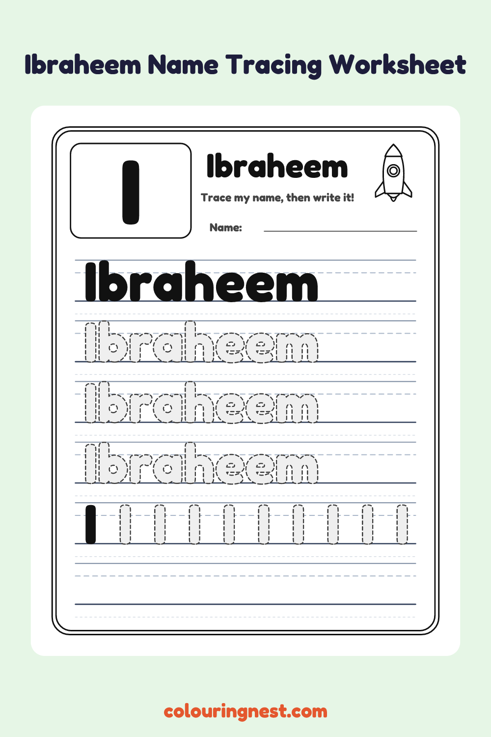 Ibraheem Name Tracing Worksheet: free printable black-and-white line art
