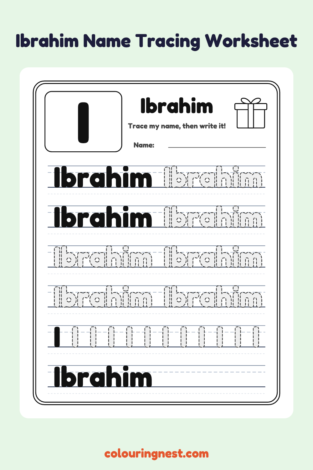 Ibrahim Name Tracing Worksheet: free printable black-and-white line art