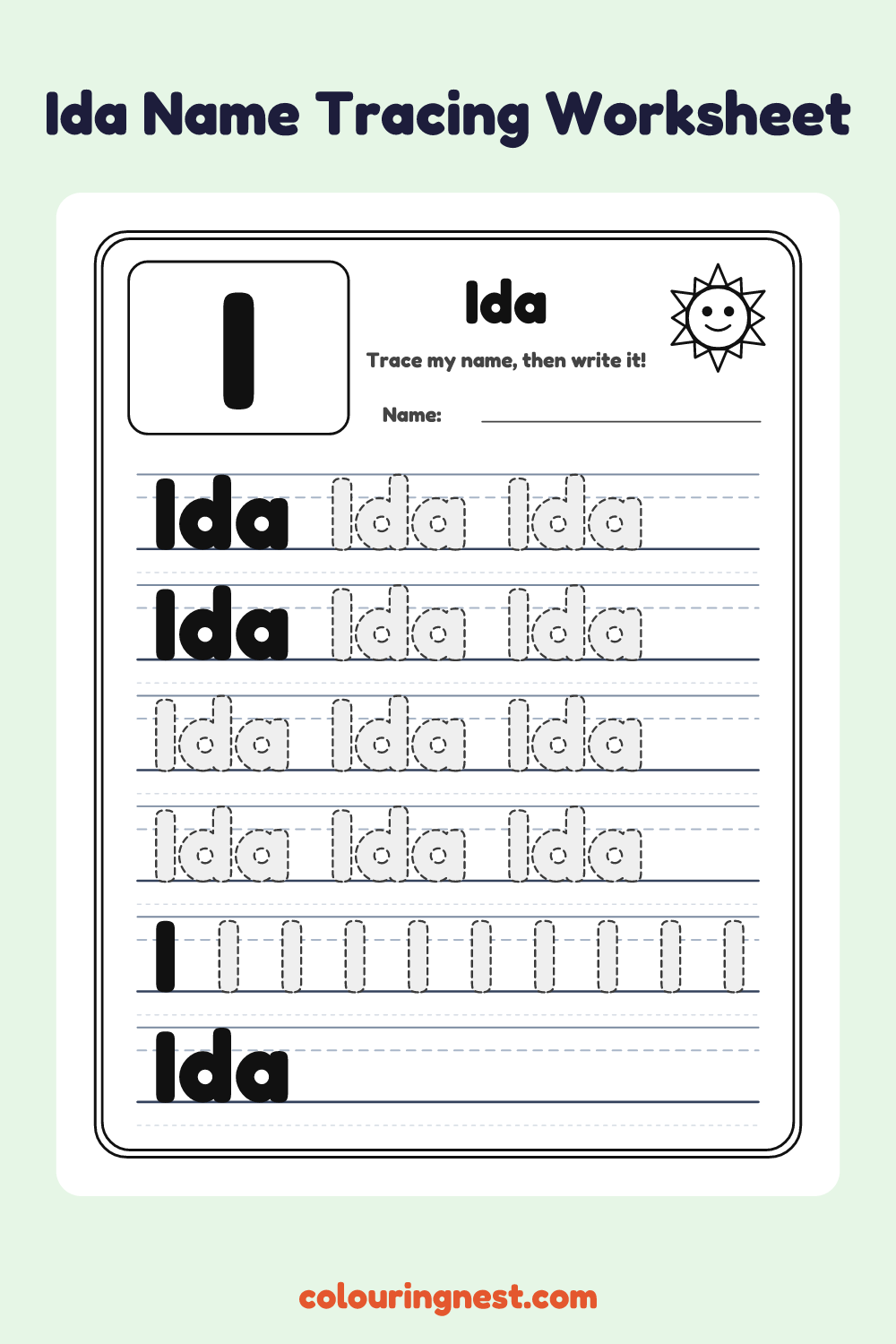 Ida Name Tracing Worksheet: free printable black-and-white line art