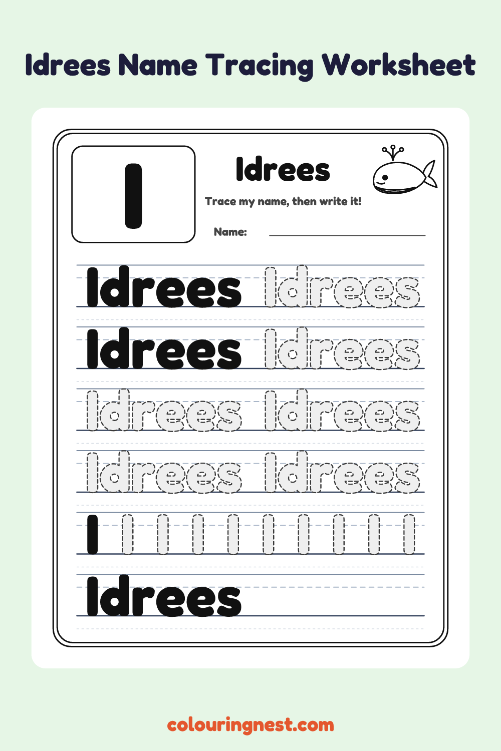 Idrees Name Tracing Worksheet: free printable black-and-white line art