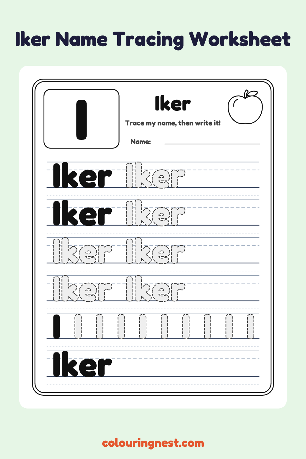Iker Name Tracing Worksheet: free printable black-and-white line art