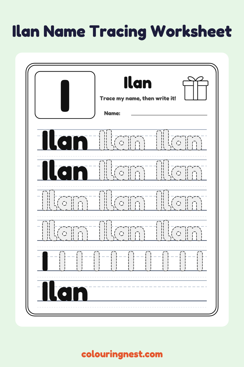 Ilan Name Tracing Worksheet: free printable black-and-white line art