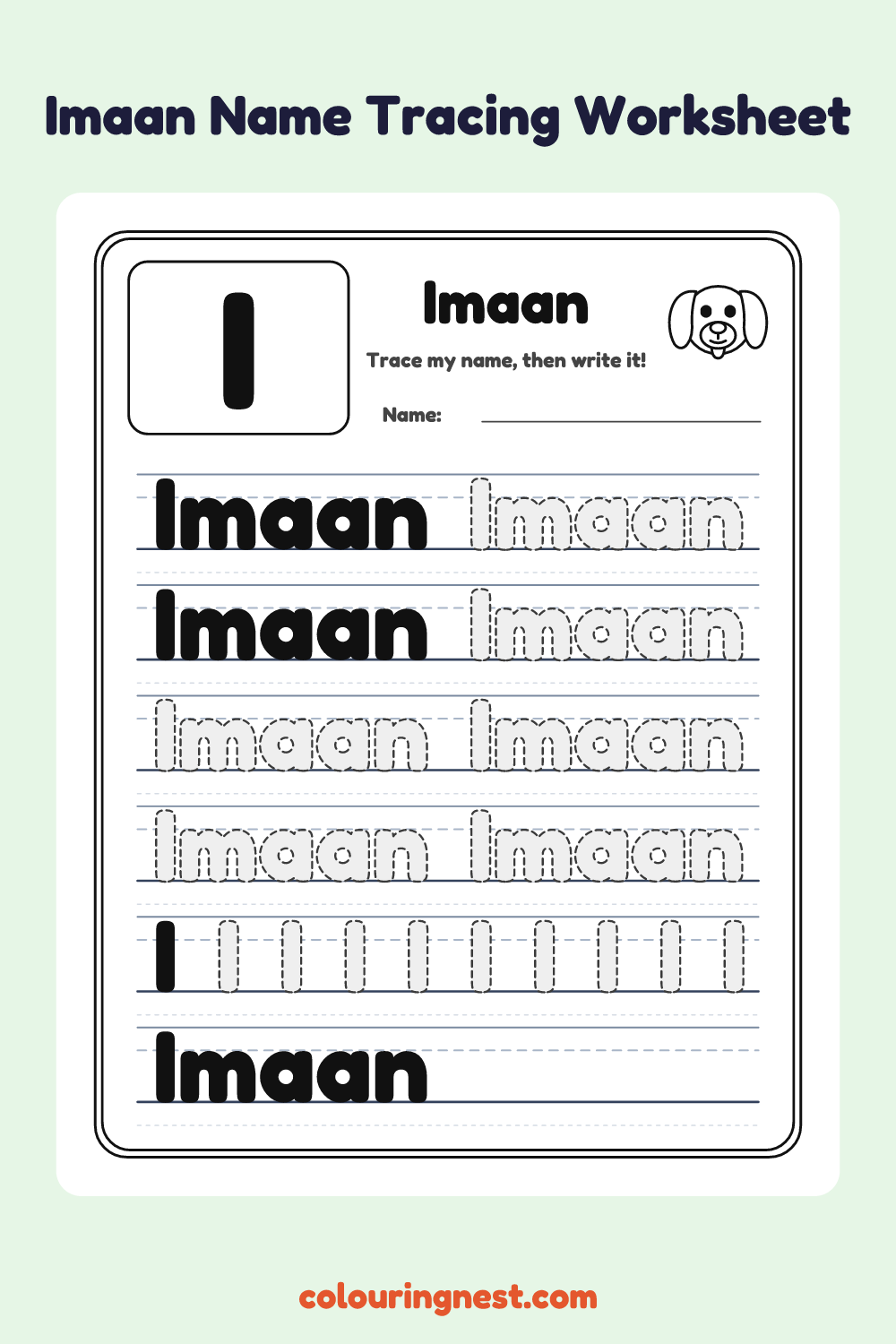 Imaan Name Tracing Worksheet: free printable black-and-white line art