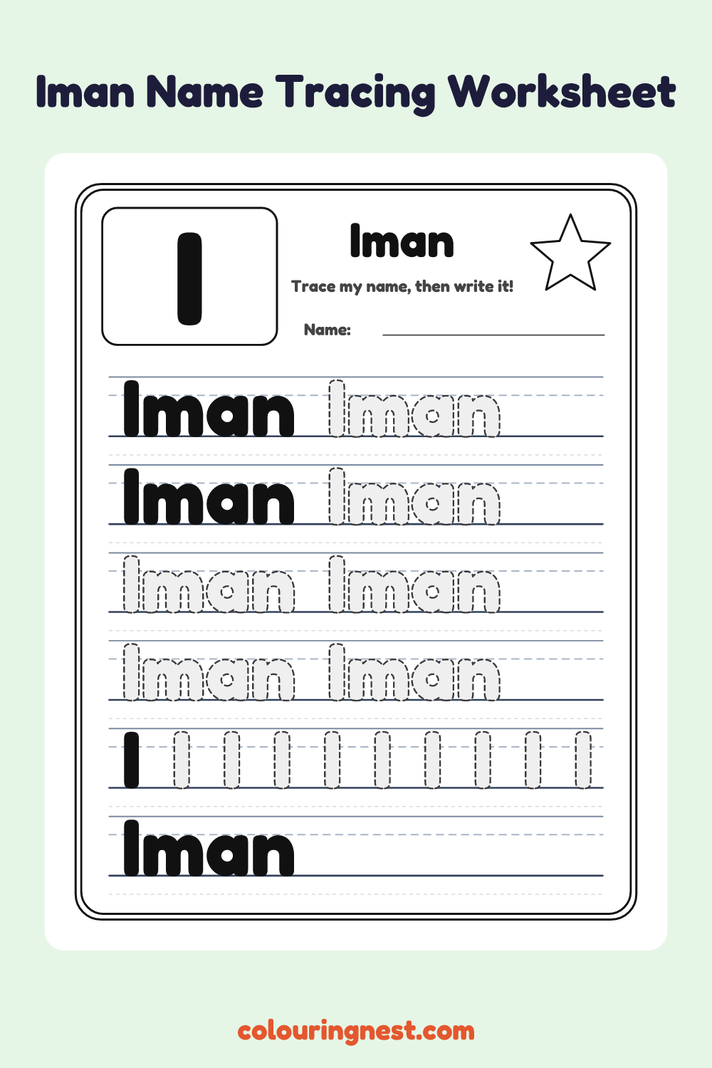 Iman Name Tracing Worksheet: free printable black-and-white line art