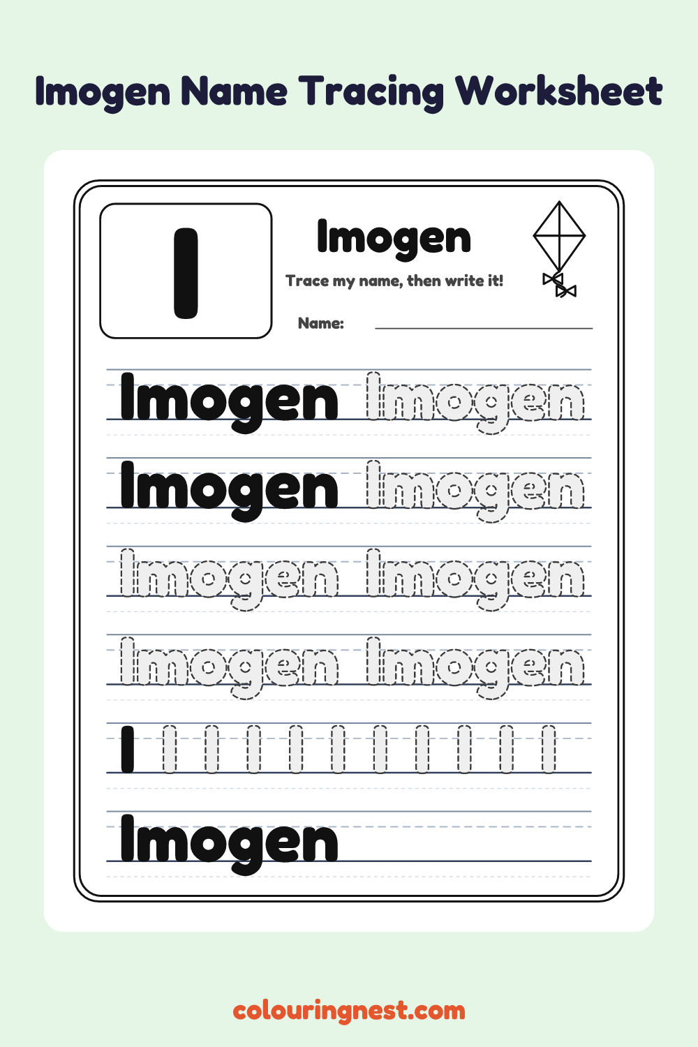 Imogen Name Tracing Worksheet: free printable black-and-white line art