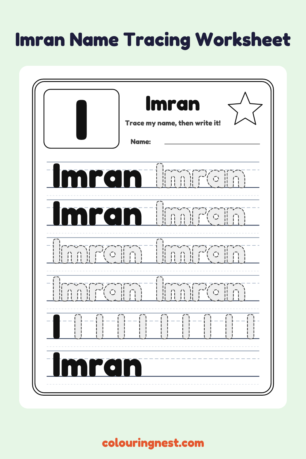 Imran Name Tracing Worksheet: free printable black-and-white line art
