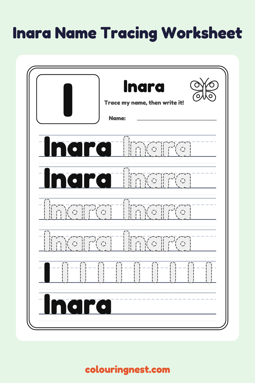 Inara Name Tracing Worksheet: free printable black-and-white line art