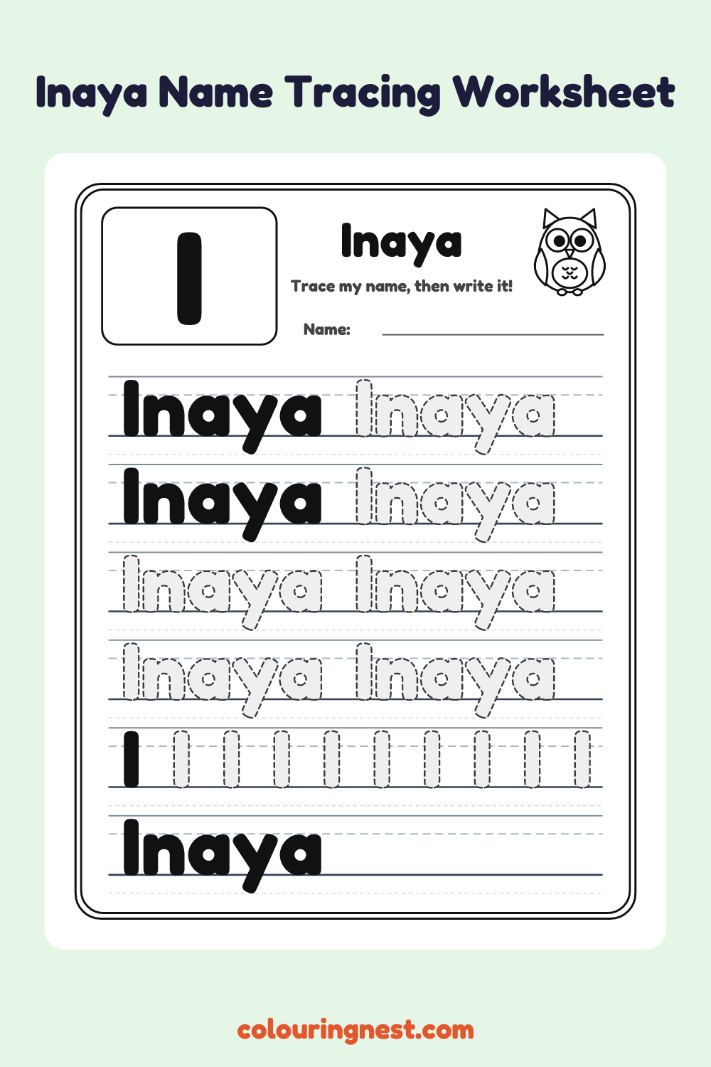 Inaya Name Tracing Worksheet: free printable black-and-white line art
