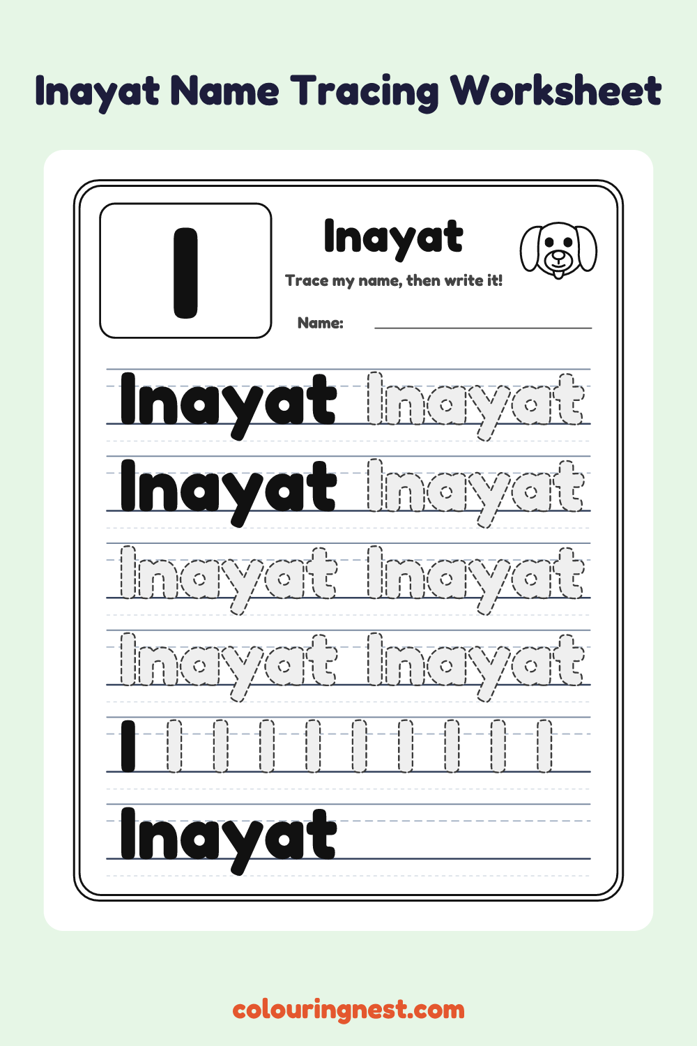 Inayat Name Tracing Worksheet: free printable black-and-white line art