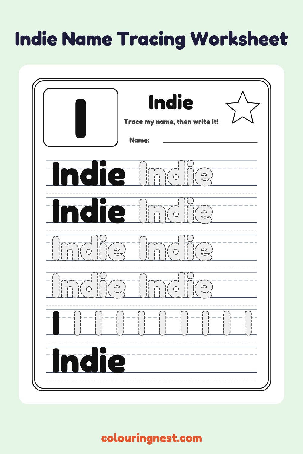Indie Name Tracing Worksheet: free printable black-and-white line art