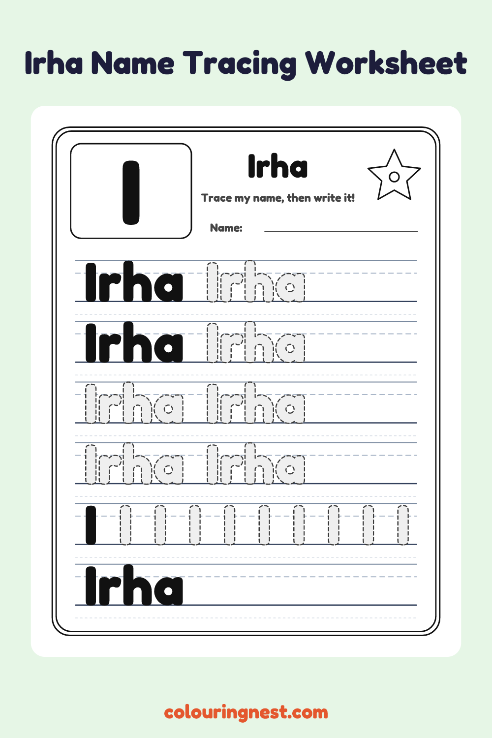 Irha Name Tracing Worksheet: free printable black-and-white line art