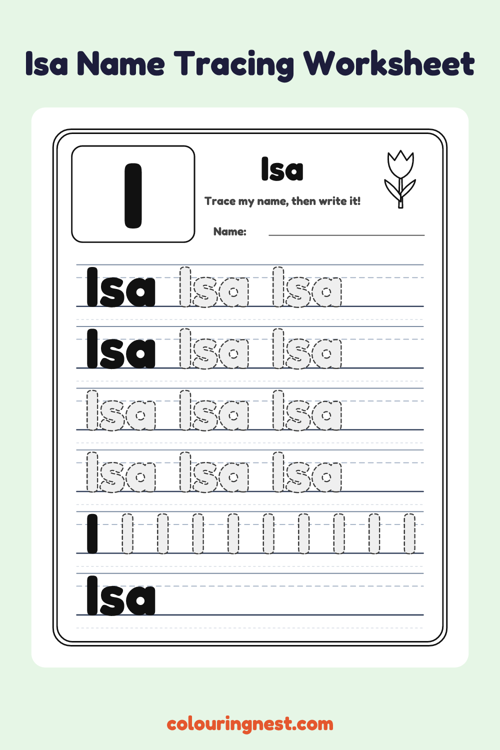 Isa Name Tracing Worksheet: free printable black-and-white line art