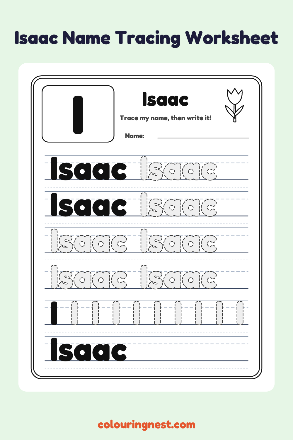 Isaac Name Tracing Worksheet: free printable black-and-white line art
