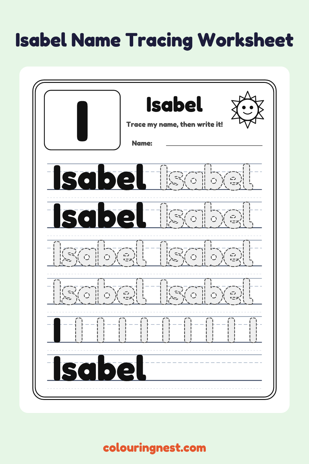 Isabel Name Tracing Worksheet: free printable black-and-white line art