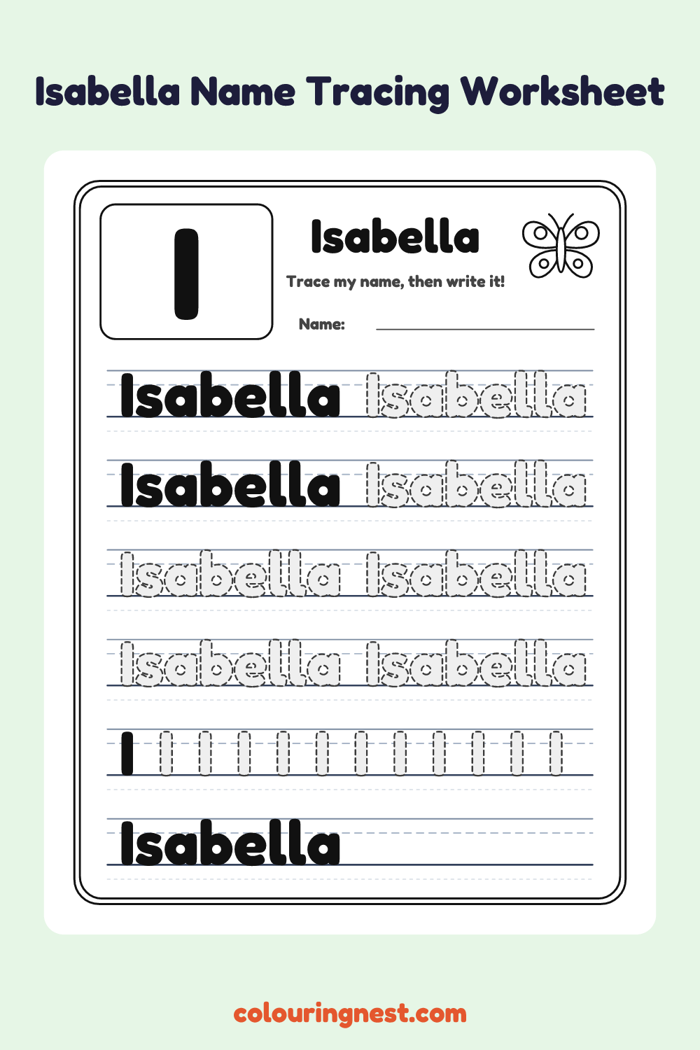 Isabella Name Tracing Worksheet: free printable black-and-white line art