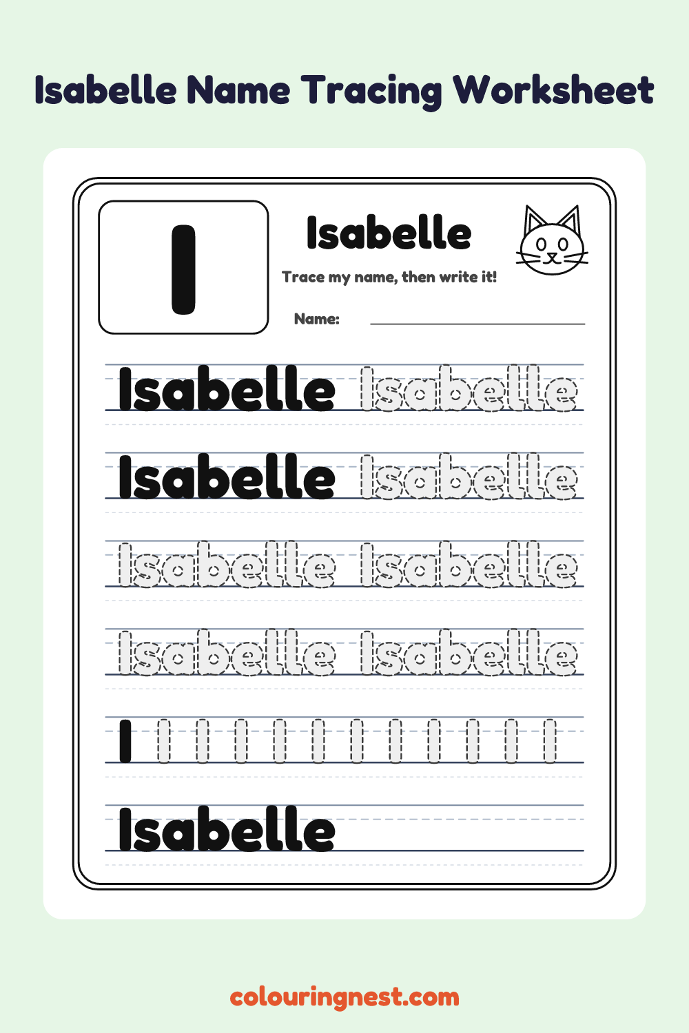 Isabelle Name Tracing Worksheet: free printable black-and-white line art