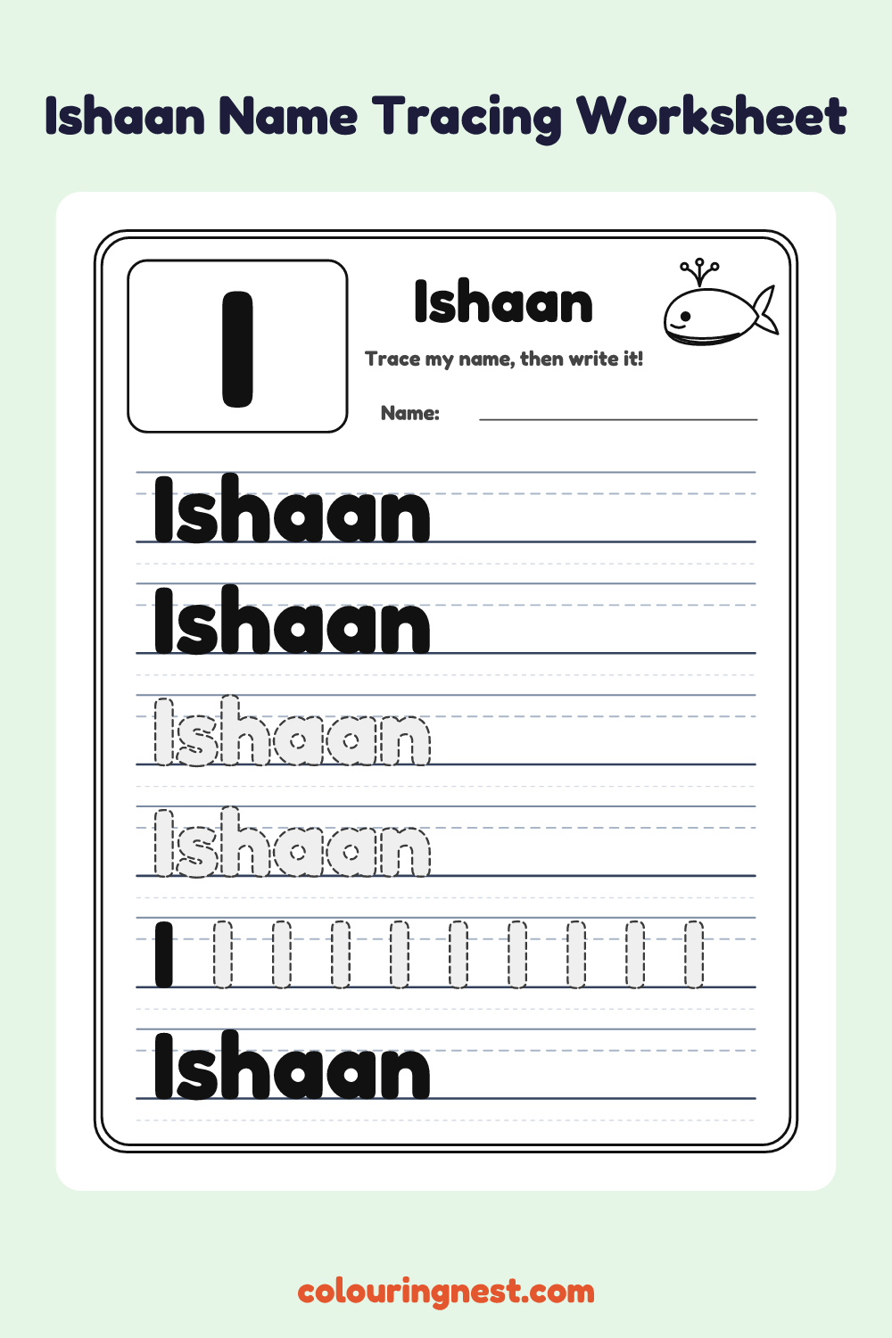 Ishaan Name Tracing Worksheet: free printable black-and-white line art