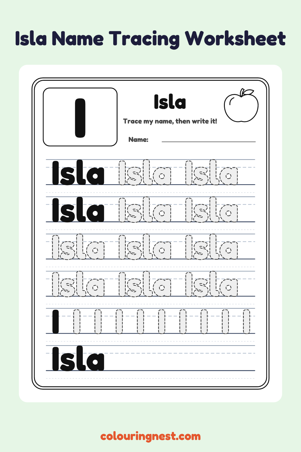 Isla Name Tracing Worksheet: free printable black-and-white line art