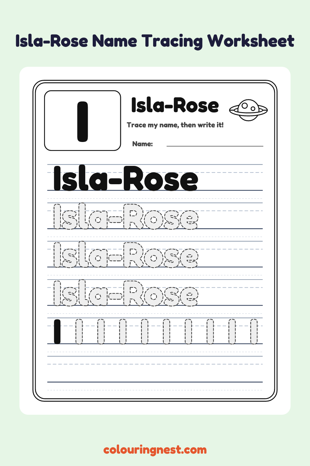 Isla-Rose Name Tracing Worksheet: free printable black-and-white line art