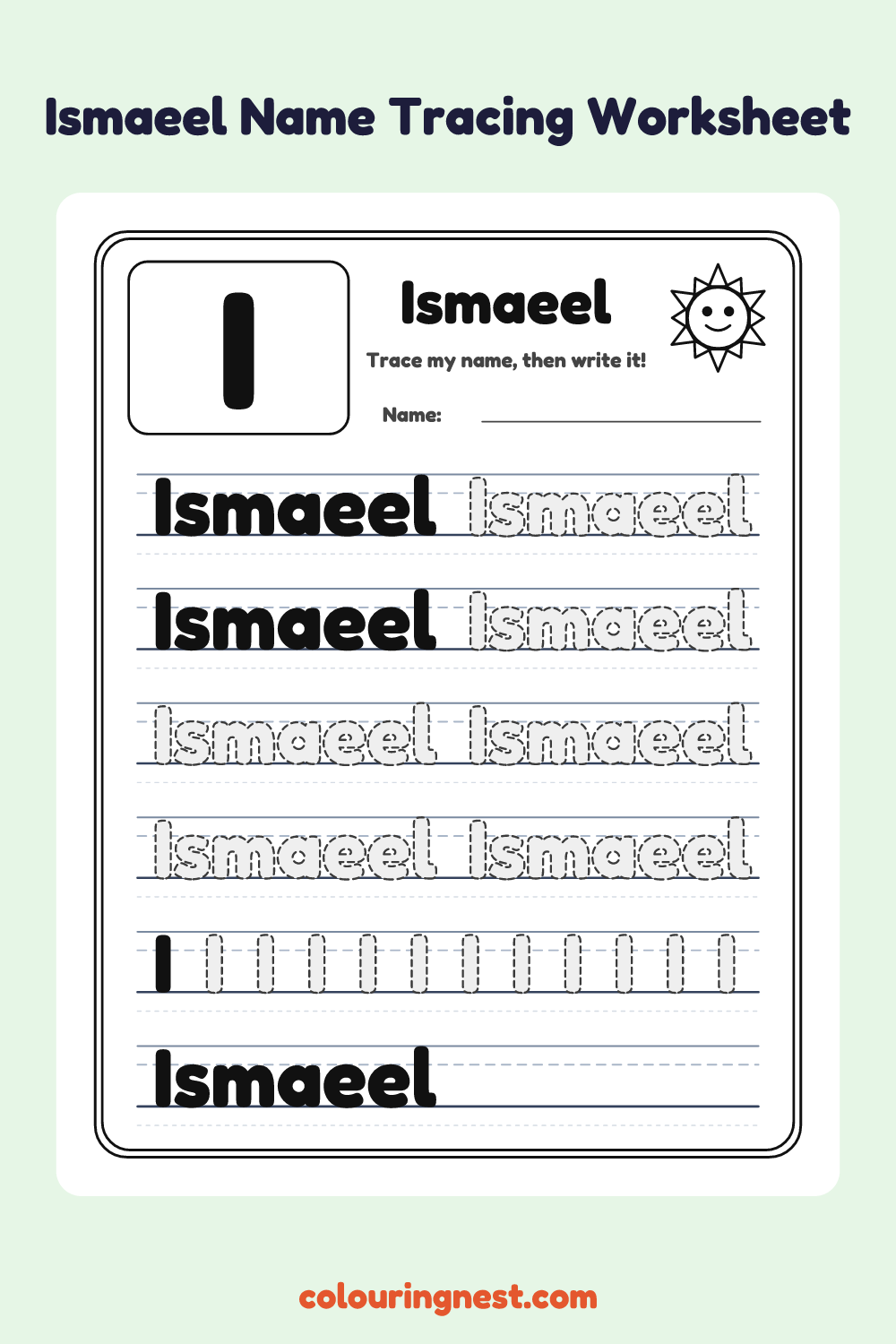 Ismaeel Name Tracing Worksheet: free printable black-and-white line art