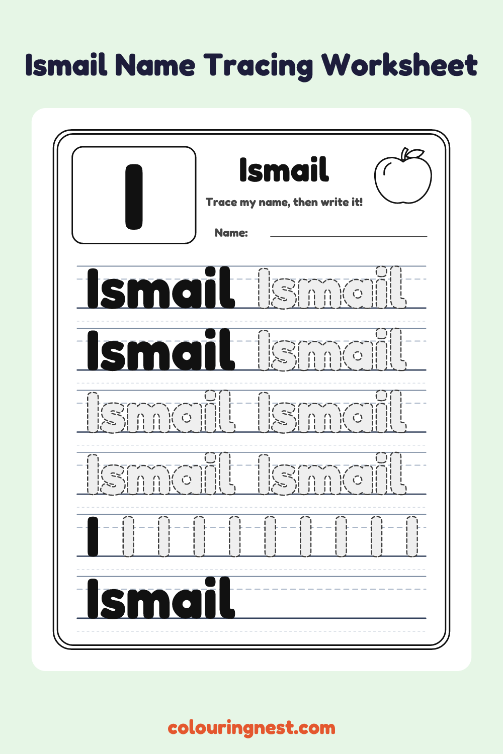 Ismail Name Tracing Worksheet: free printable black-and-white line art