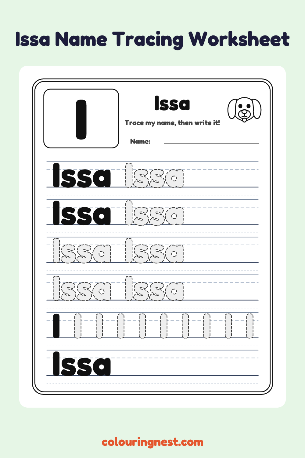 Issa Name Tracing Worksheet: free printable black-and-white line art