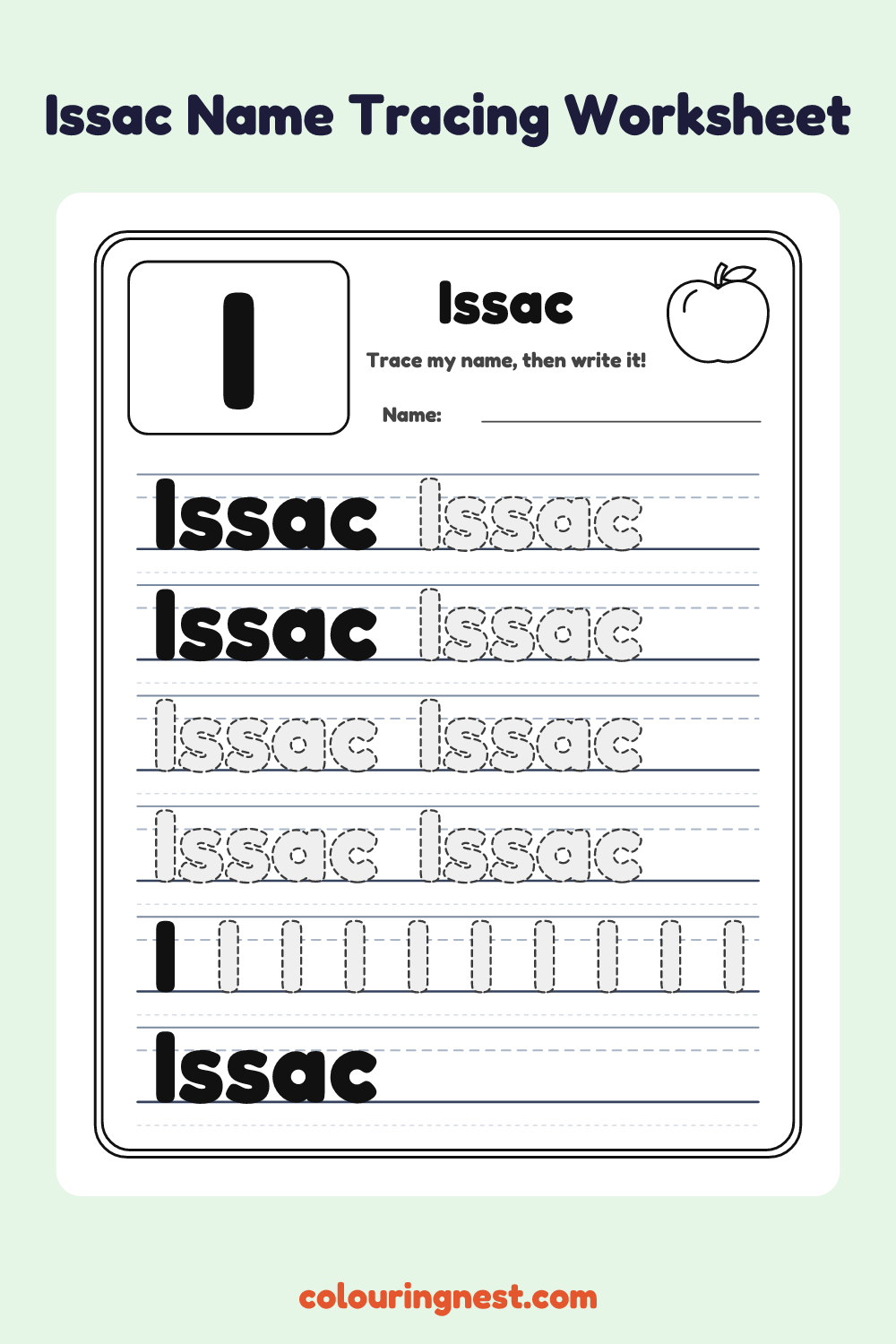 Issac Name Tracing Worksheet: free printable black-and-white line art