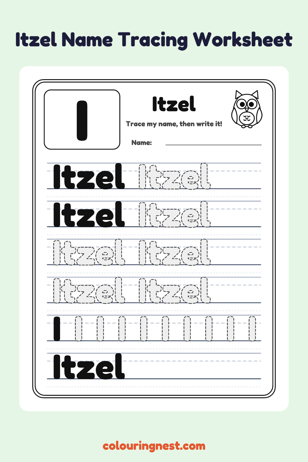 Itzel Name Tracing Worksheet: free printable black-and-white line art