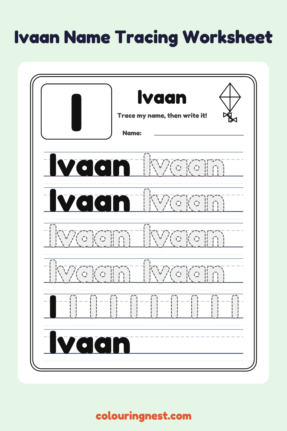 Ivaan Name Tracing Worksheet: free printable black-and-white line art