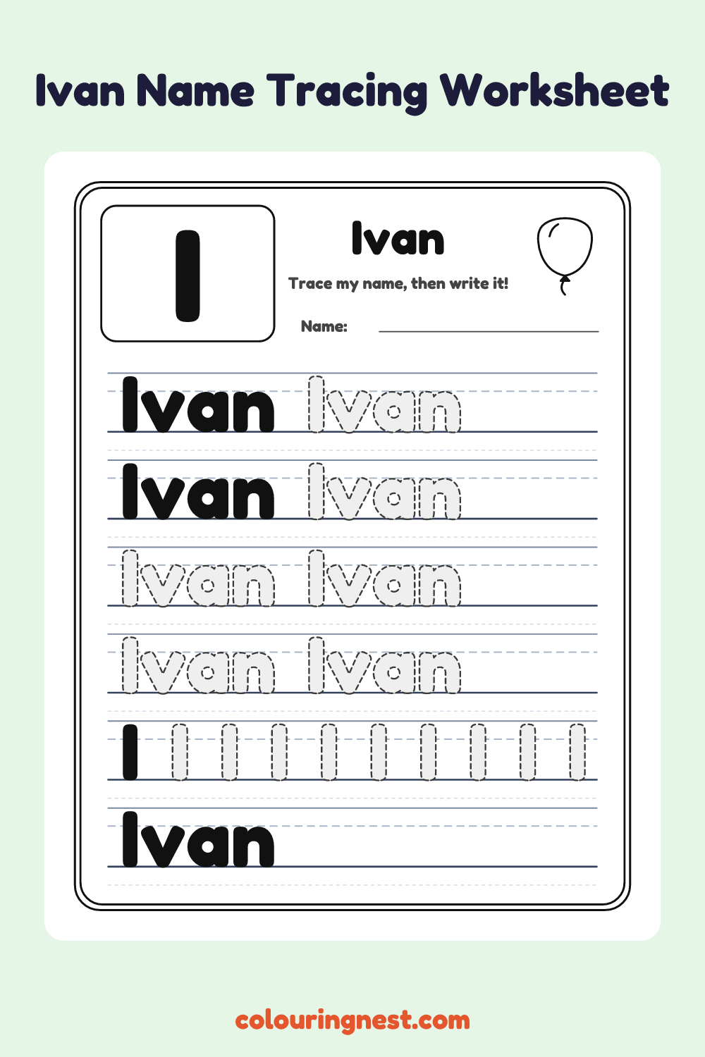 Ivan Name Tracing Worksheet: free printable black-and-white line art