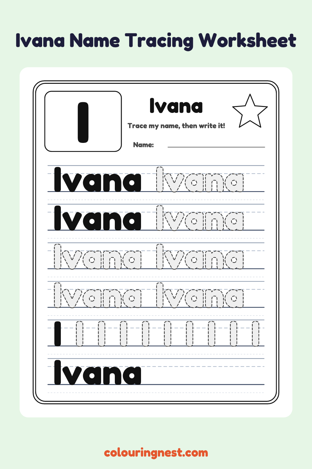 Ivana Name Tracing Worksheet: free printable black-and-white line art