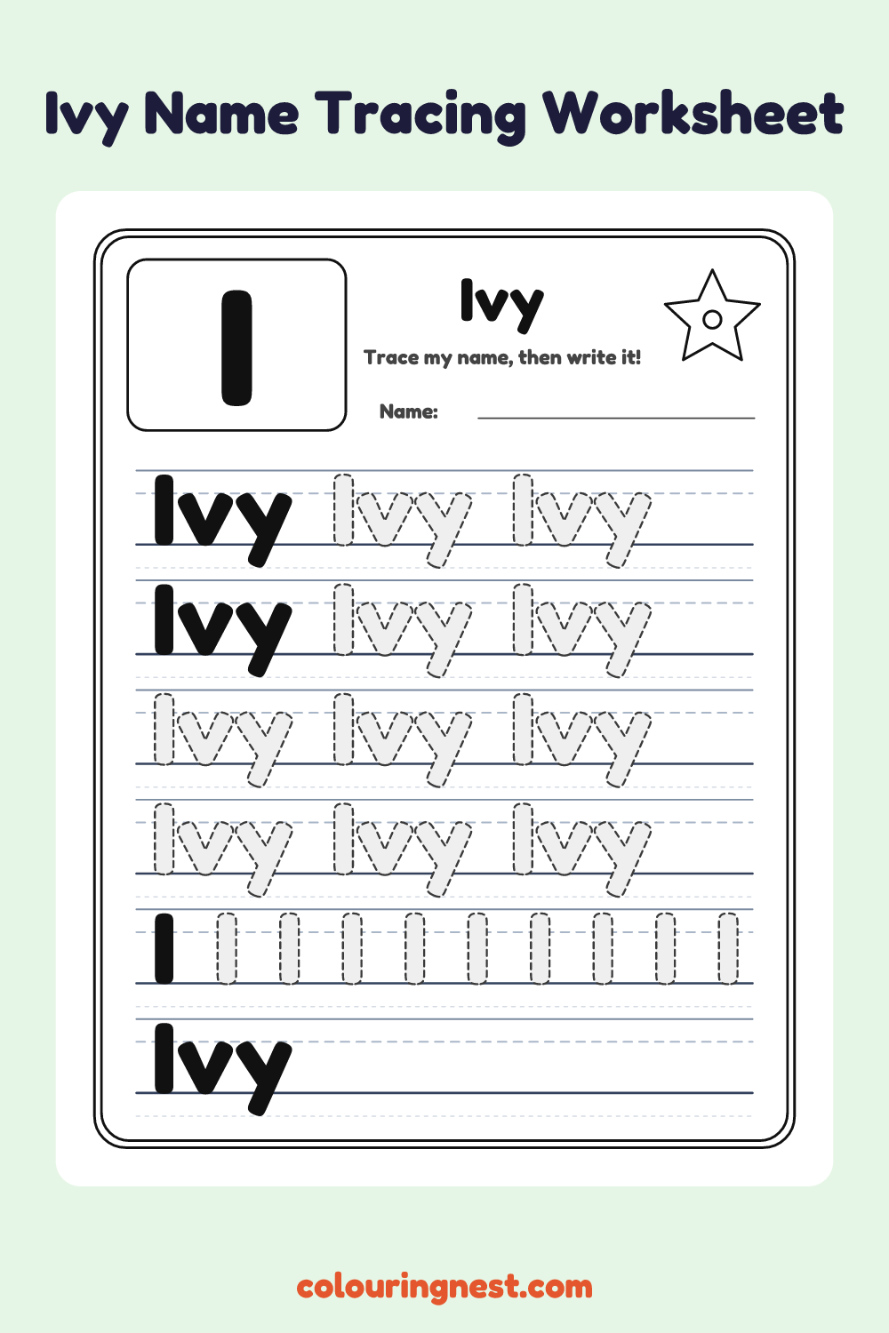 Ivy Name Tracing Worksheet: free printable black-and-white line art
