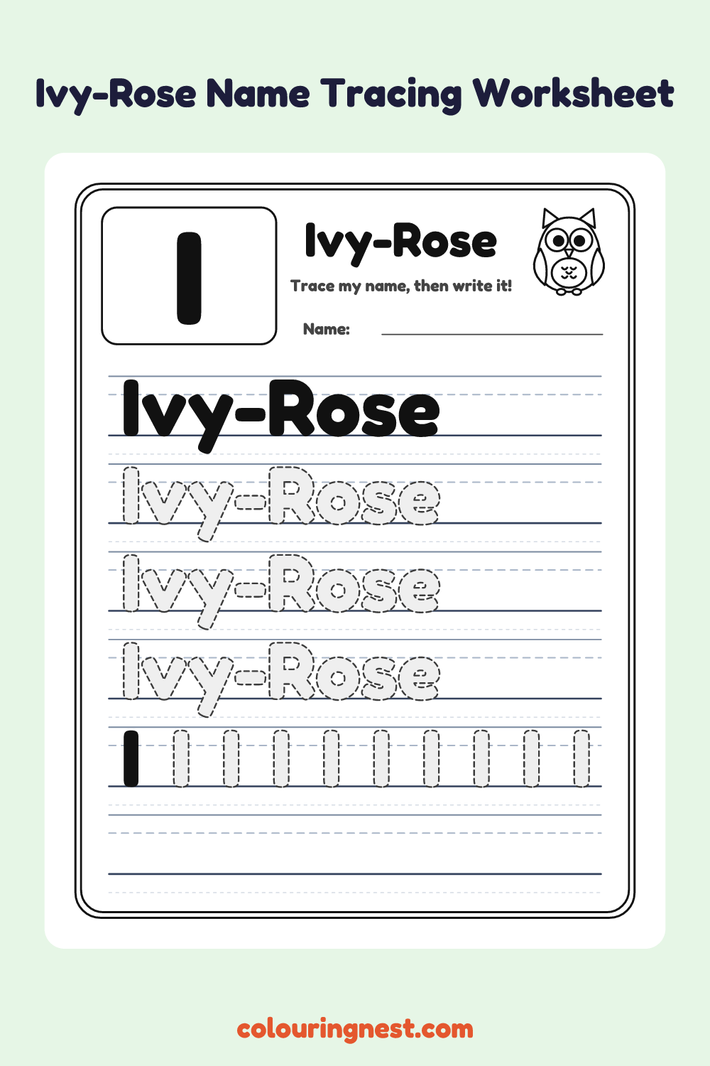 Ivy-Rose Name Tracing Worksheet: free printable black-and-white line art