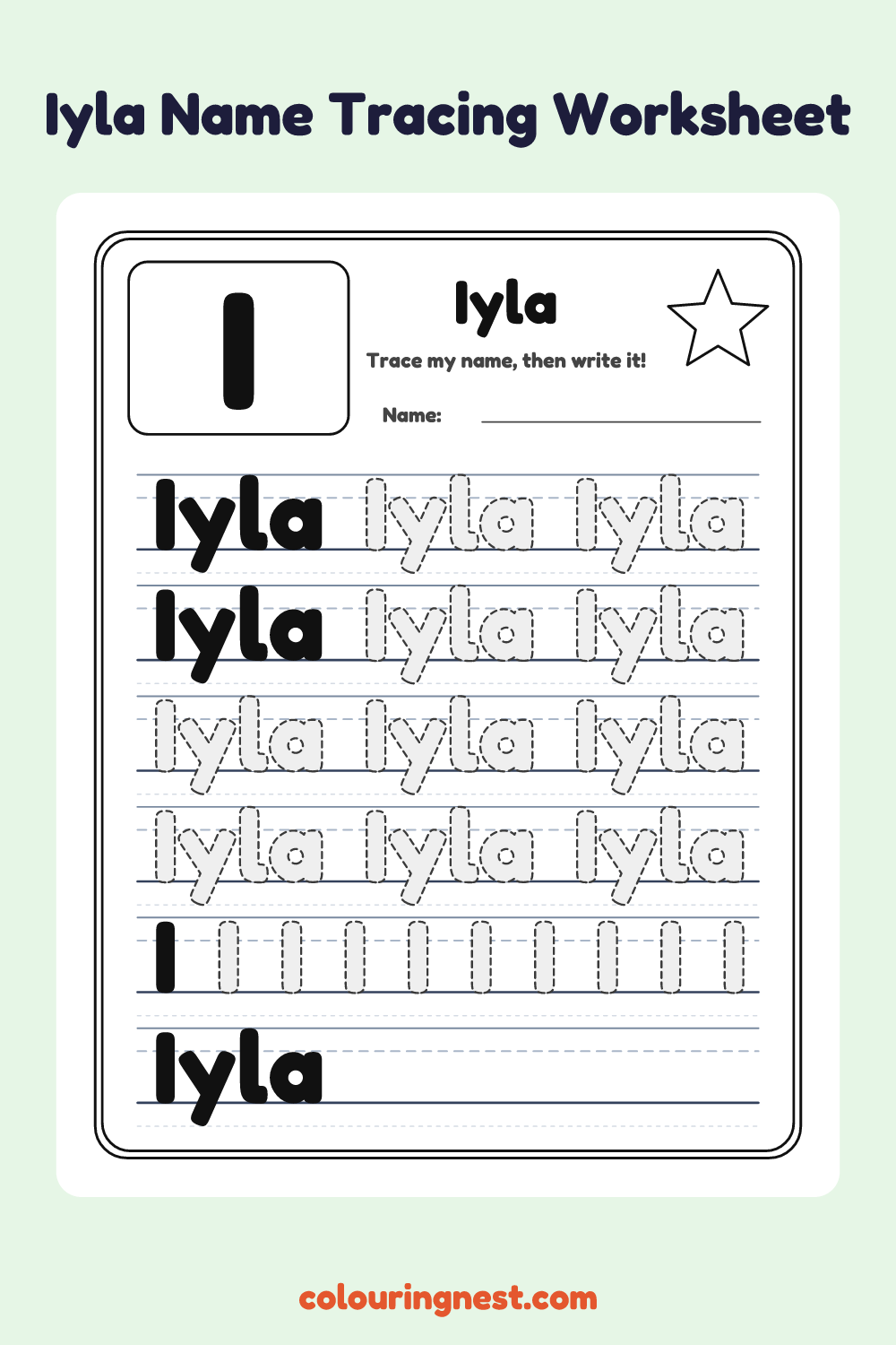 Iyla Name Tracing Worksheet: free printable black-and-white line art