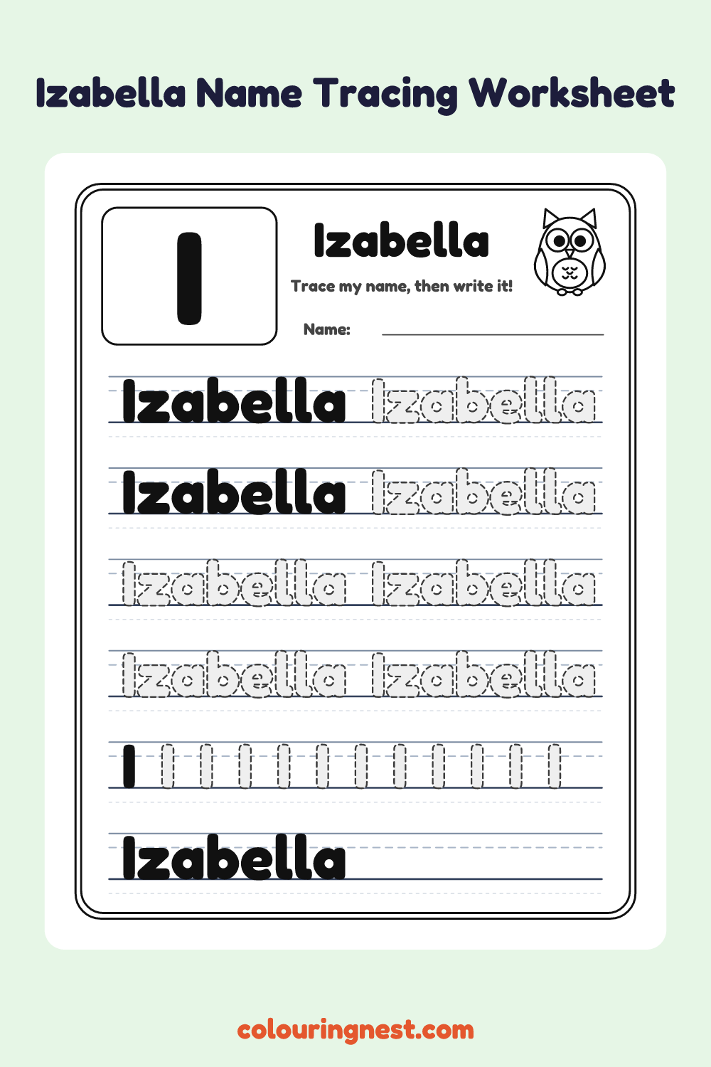 Izabella Name Tracing Worksheet: free printable black-and-white line art