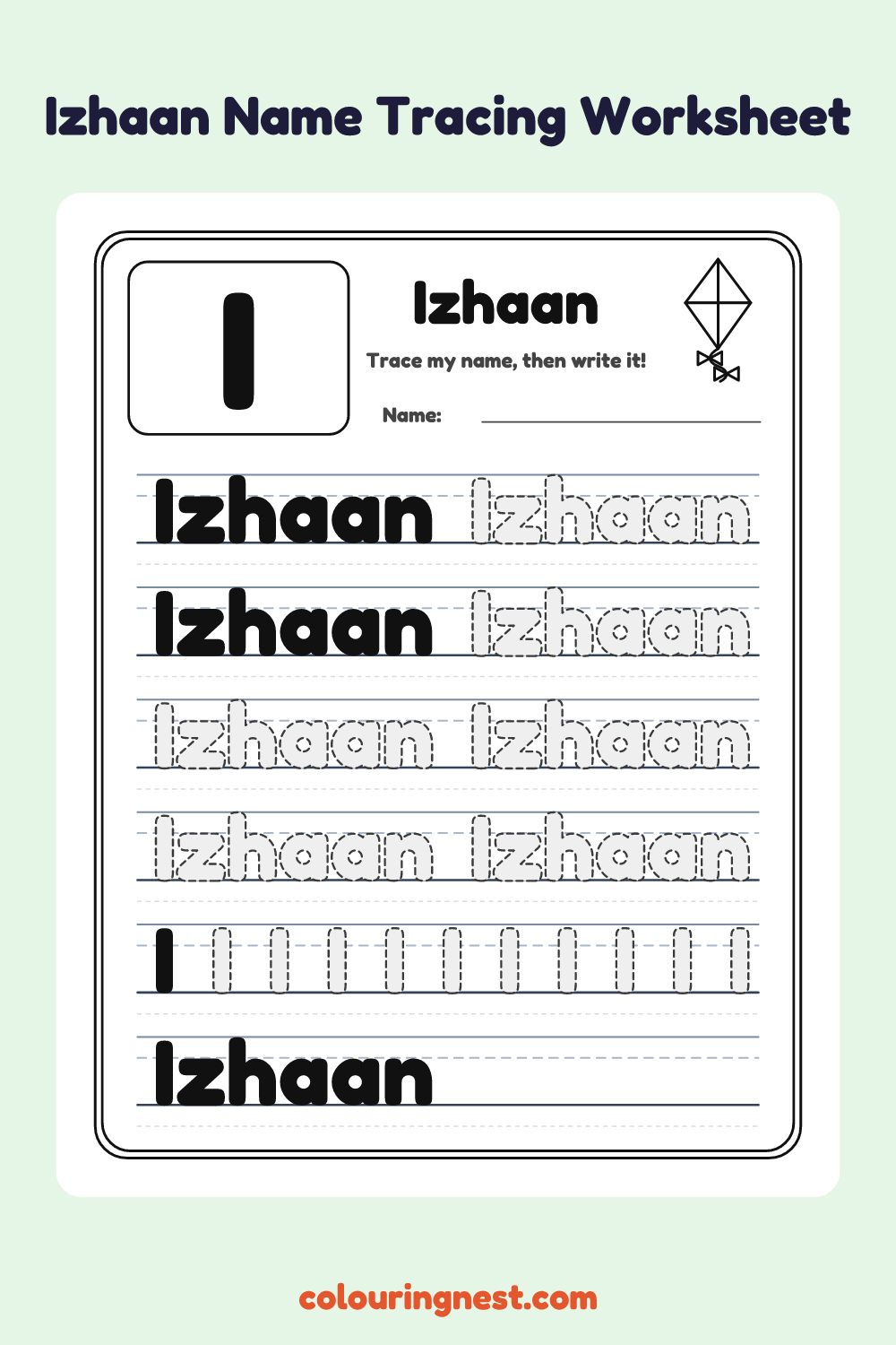 Izhaan Name Tracing Worksheet: free printable black-and-white line art