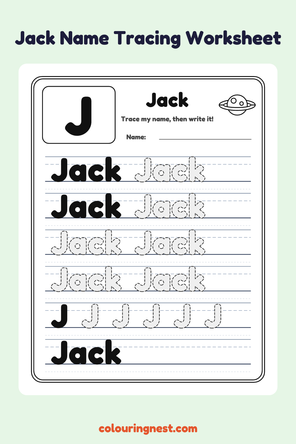 Jack Name Tracing Worksheet: free printable black-and-white line art