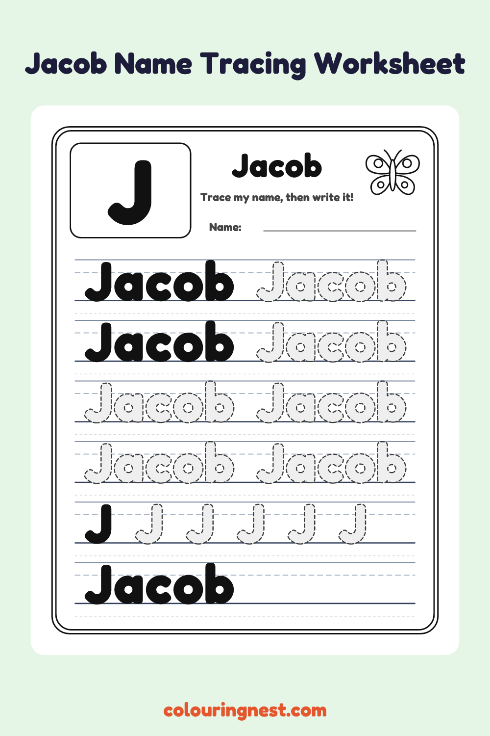 Jacob Name Tracing Worksheet: free printable black-and-white line art
