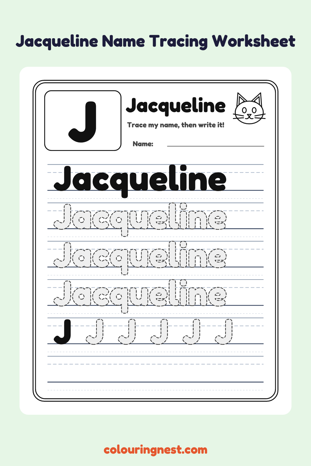 Jacqueline Name Tracing Worksheet: free printable black-and-white line art