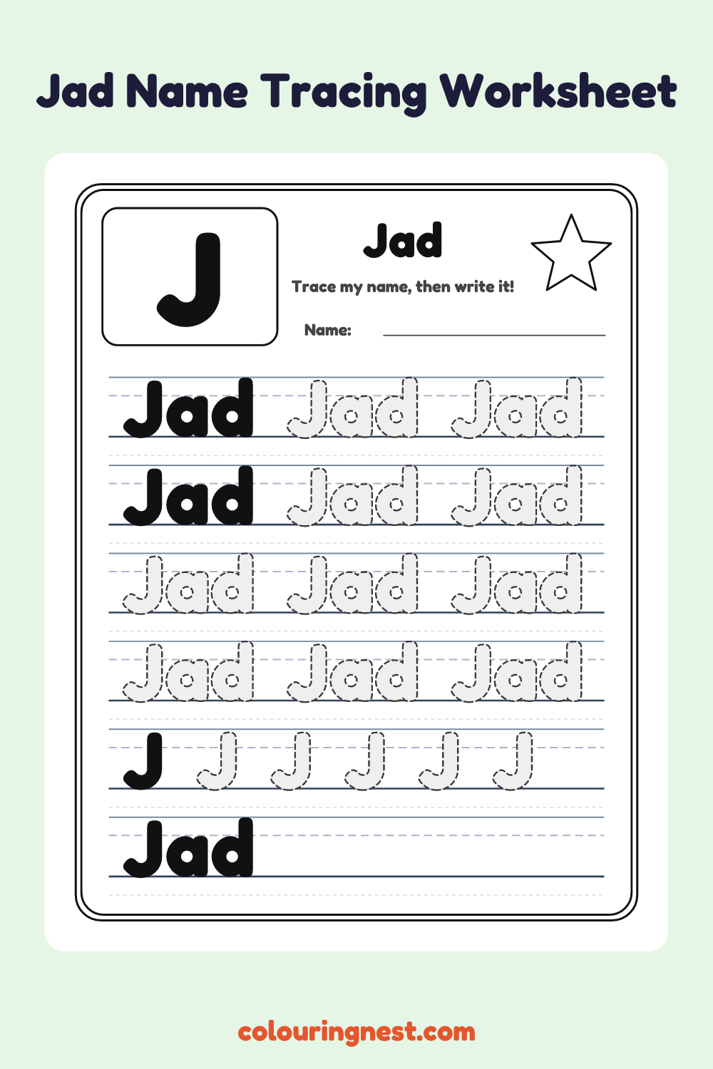 Jad Name Tracing Worksheet: free printable black-and-white line art