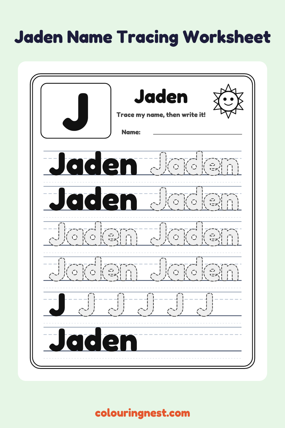 Jaden Name Tracing Worksheet: free printable black-and-white line art
