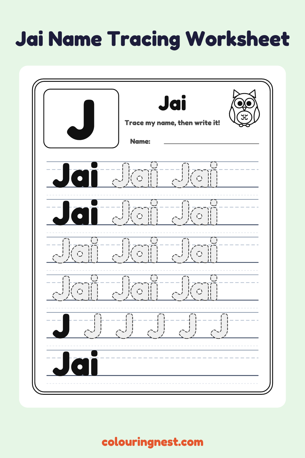 Jai Name Tracing Worksheet: free printable black-and-white line art