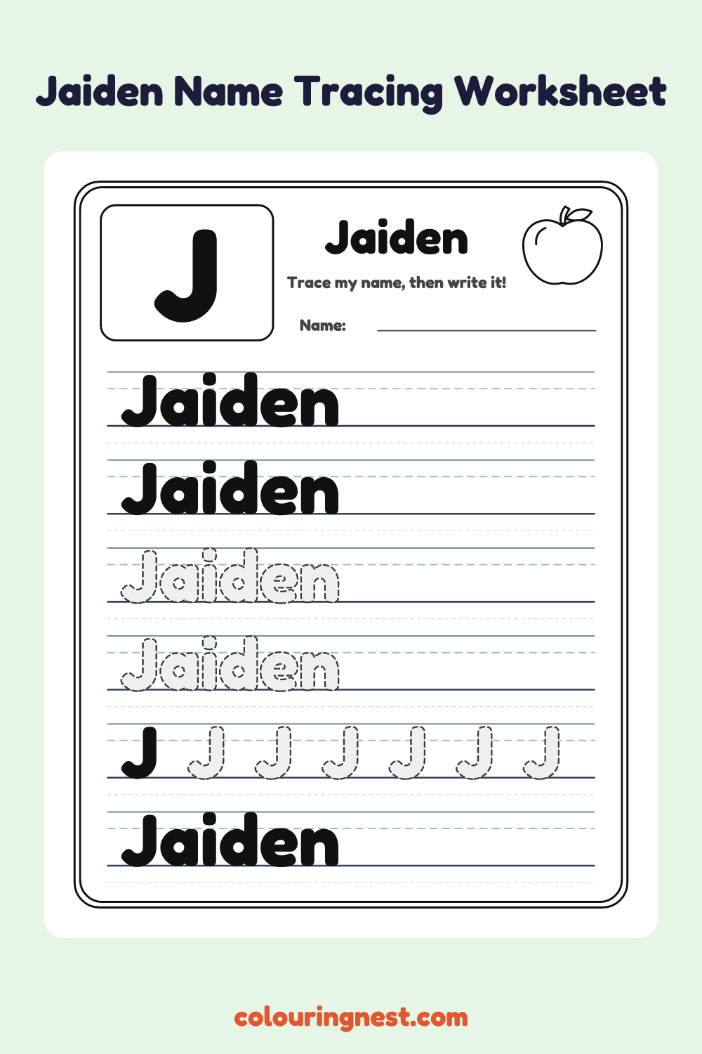 Jaiden Name Tracing Worksheet: free printable black-and-white line art