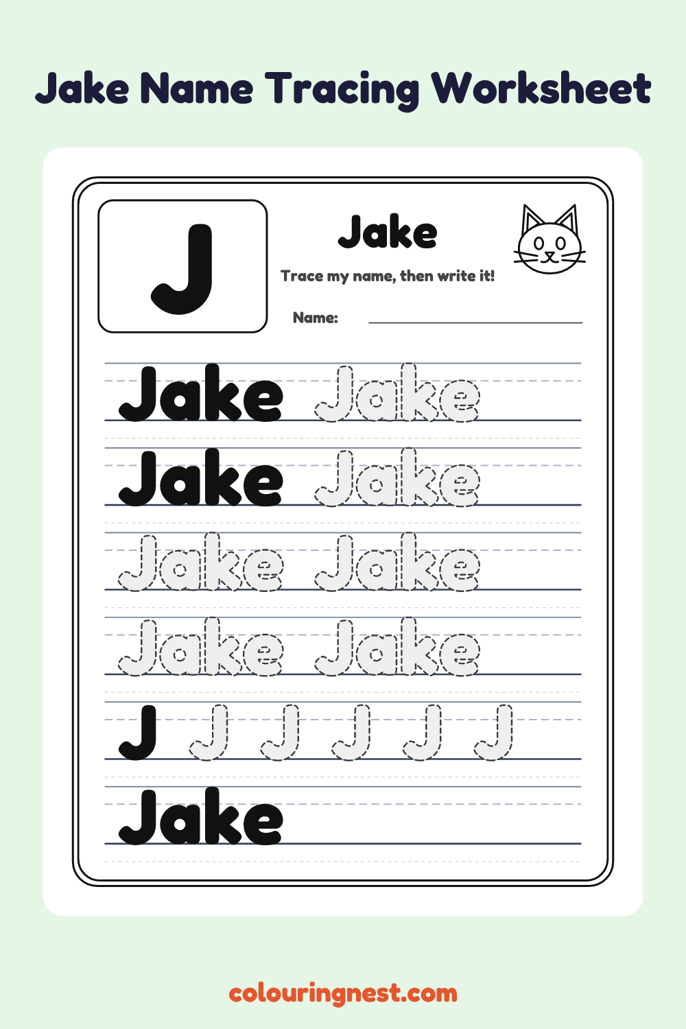 Jake Name Tracing Worksheet: free printable black-and-white line art