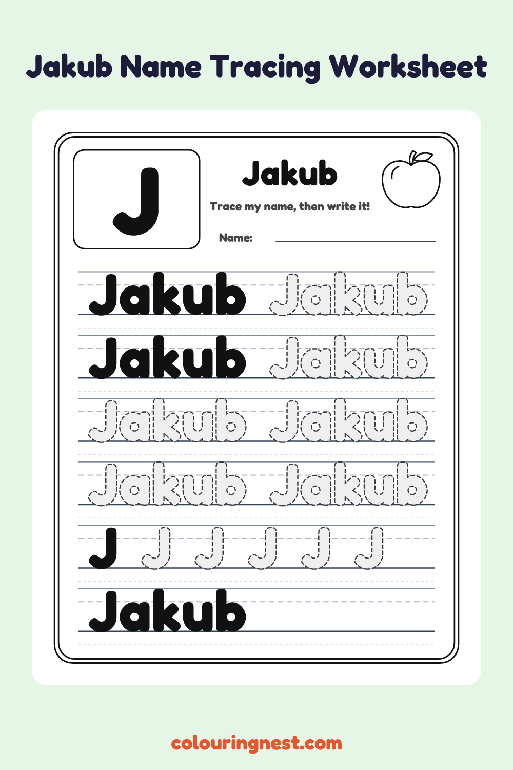 Jakub Name Tracing Worksheet: free printable black-and-white line art